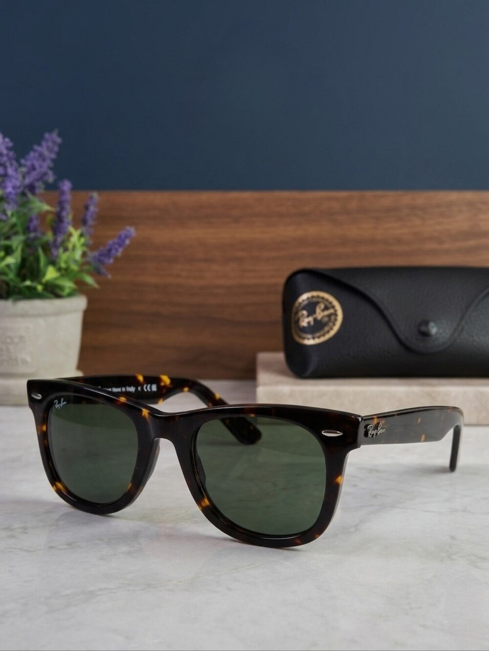 Ray-Ban Wayfarer Classic Sunglasses, Tortoise, G-15 Green Lenses, Made in Italy.